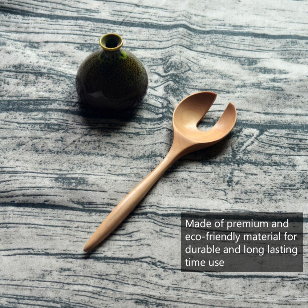 1 Set 2pcs Salad Spoon Round Wood Spoon and Fork Salad Servers Wood Color