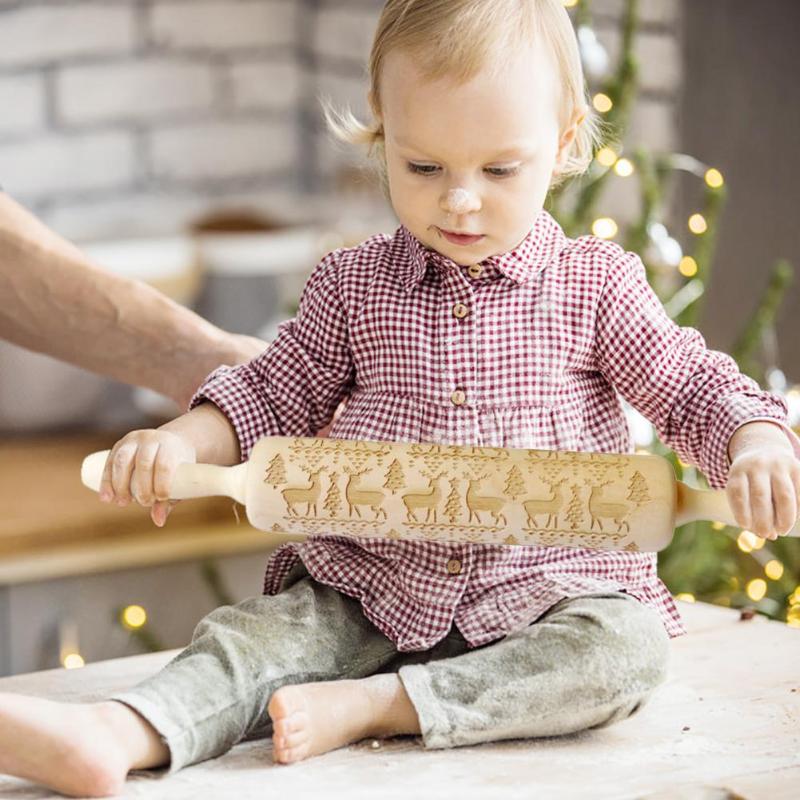 Kerst Sneeuwvlok Elanden Houten Deegroller Bakken Cookies Fondant Deeg Gegraveerde Roller DIY Tool Kerst Embossing Rolling Pin