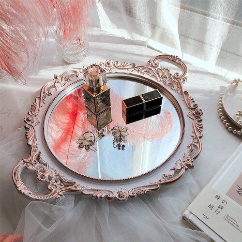 retro Geschnitzte Spiegel Fach Französisch Luxus Goldene Runde Tee Tablett Kosmetik Schmuck einstellen hoch Fotografie Requisiten Moderne Dekoration: Ursprünglich Titel