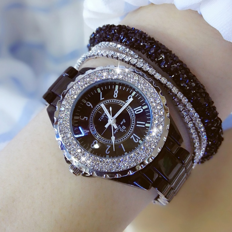 Bs Ceramic Watch Women Famous Brand Dress Female Wristwatch White Women Wrist Watches Rhinestone Clock