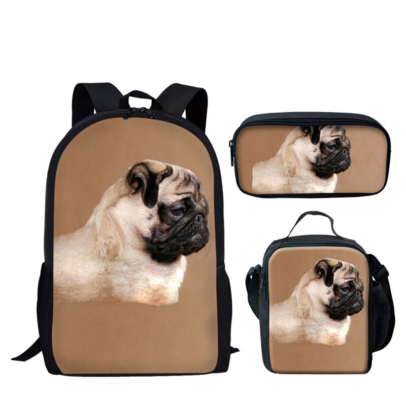 Nopersonality Teenager Girls Pug School BookBag Puppy Bagpack School Bag Print 3Pcs Kids Children Black Backpacks Women Mochilas: L1637CGK