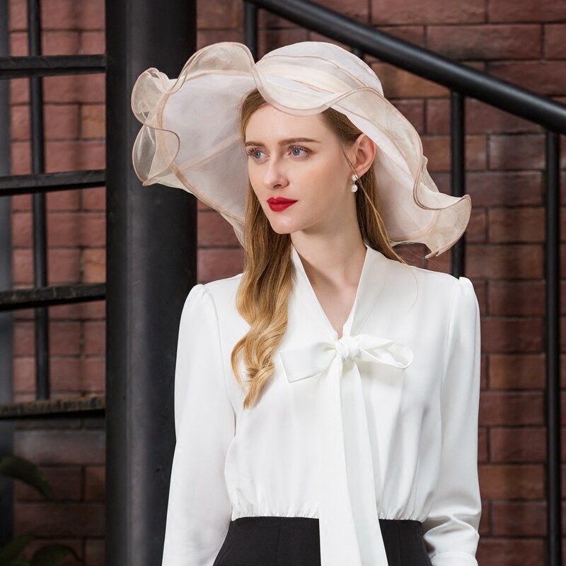 Ladies Light Purple Silk Royal Wedding Hats Women Large Wide Brim Foldable Cap with Bowknot Sombreros B-8206