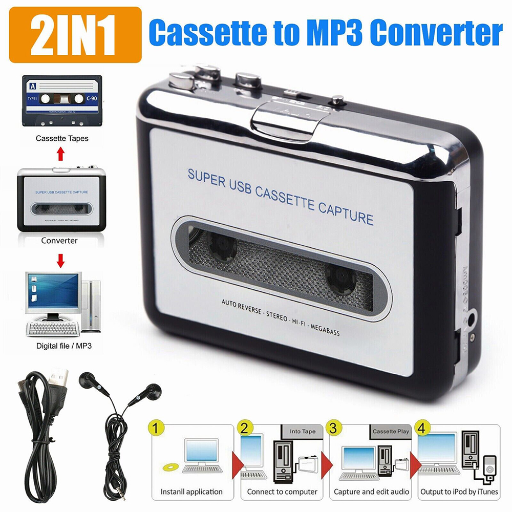 Reproductor de casetes Convertidor de casete USB a MP3 Captura Audio Reproductor de música Grabadora de casetes de cinta