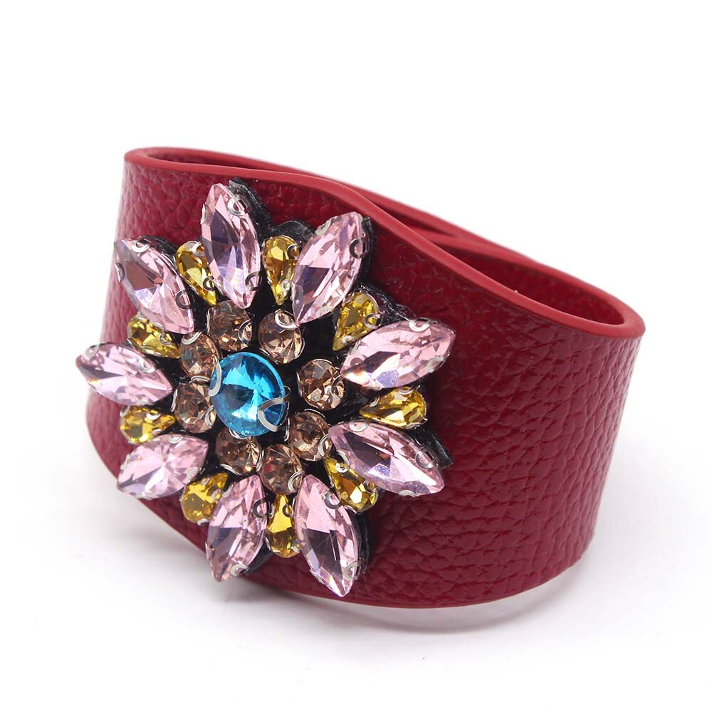 D&amp;D European Punk Wide Crystal flowers Leather Bracelets &amp; Bangles for Women Cuff Bracelet Statement Jewelry: 6