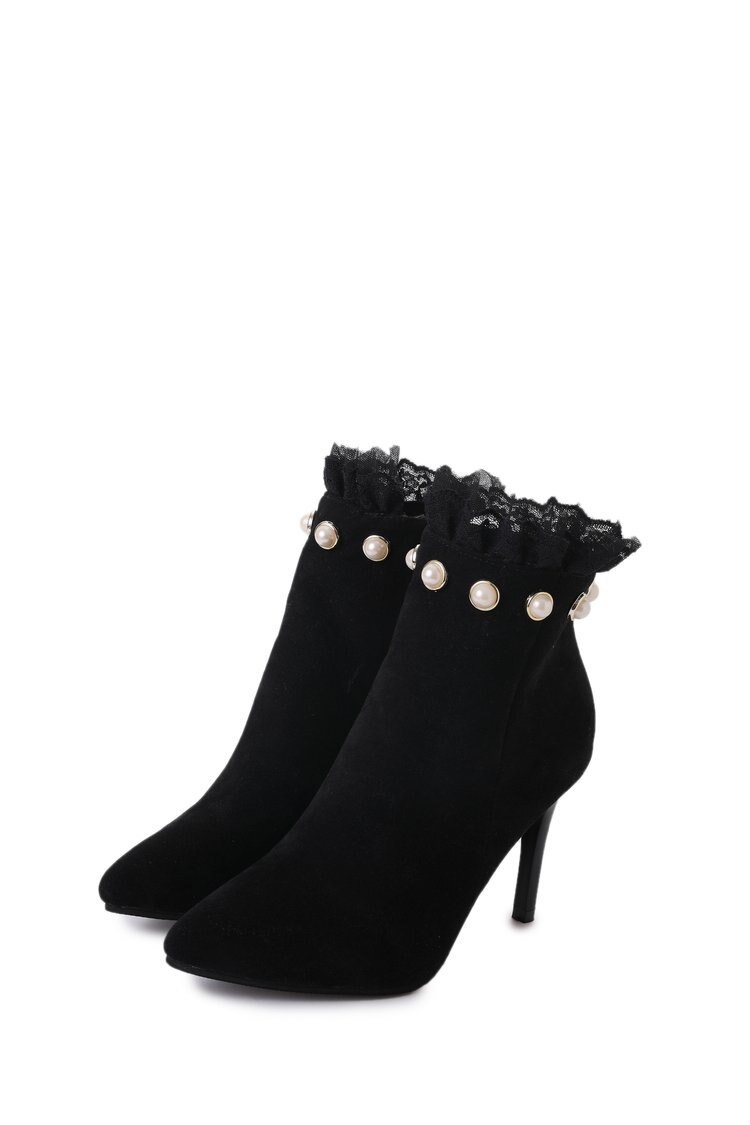 Perle retourné dentelle mi-mollet bottes pour femmes bout pointu automne bottes haute fermeture éclair talons minces hiver dames chaussures