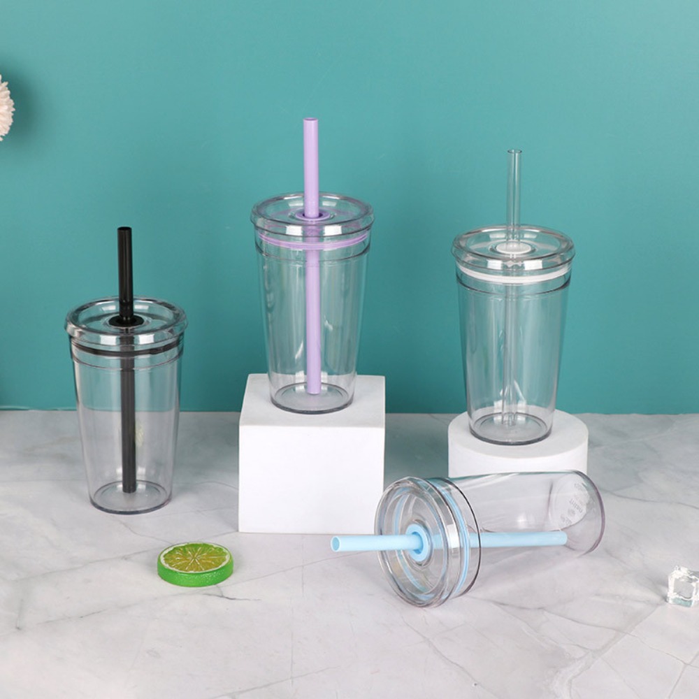 Taza con pajita portátil de 450ml, vaso transparente de una sola capa para beber, vaso de plástico reutilizable para coche, hogar