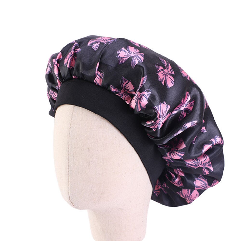 Cute Pattern Kids Satin Sleep Cap Bonnet Flower Printed Night Cap Turban Chemo Hat Girl's Wide Elastic Band Night Sleep Cap: 06 Pink Black