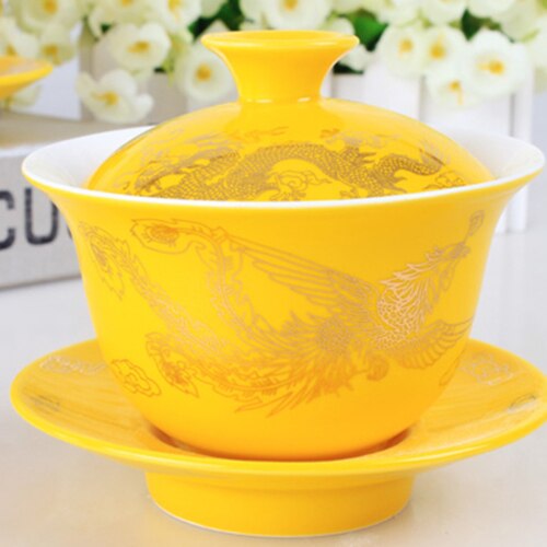 Bröllop teservis porslin gaiwan drake phoenix tryck gul terrin lock fat på försäljning kopp matta kinesisk kopp skål set 100ml röda