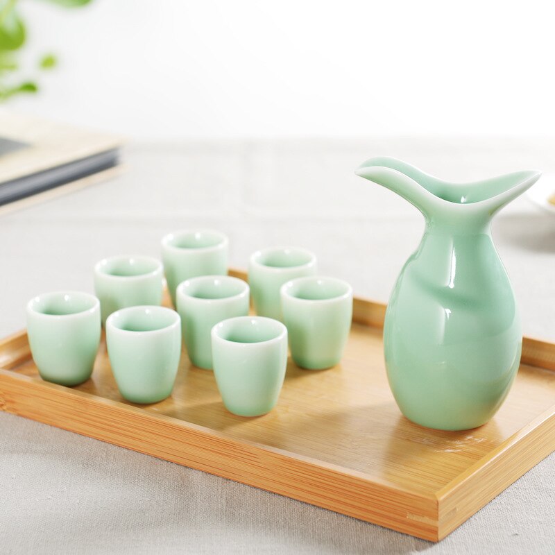 China Keramiek Celadon Liquor Wijn Set Pak Chinese Antieke Celadon Keramiek Flagon 1 Pot 8 Kopjes Bar Sets