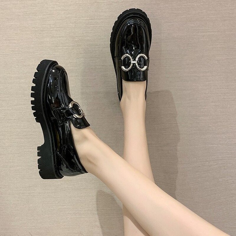 Zapatos Oxford con hebilla de Metal para mujer, zapatos de mujer de piel sólida, tacones medios cuadrados, zapatos informales de punta redonda, zapatos planos de talla grande
