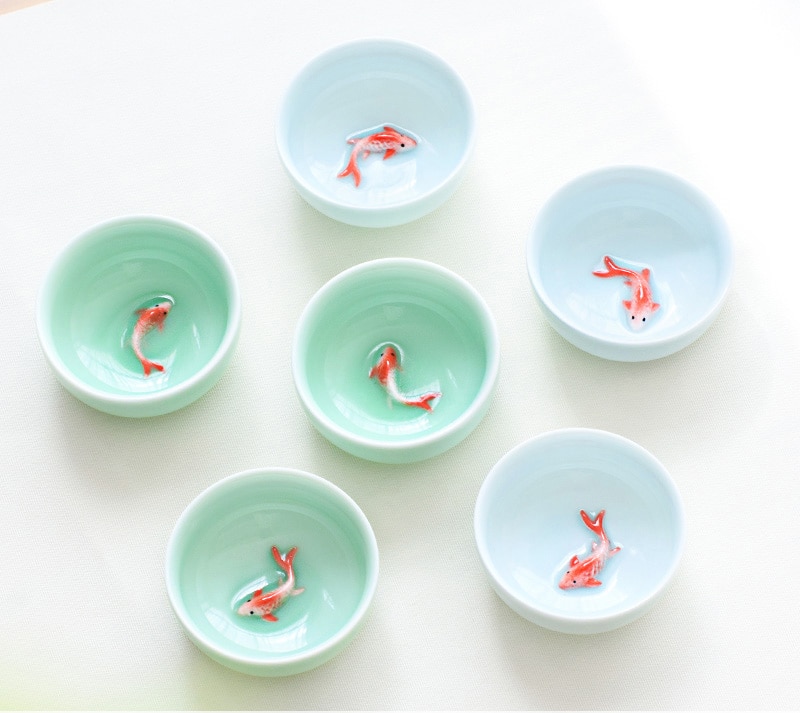 6pcs Celadon Golden Fish China tea set,Kung Fu Tea Cup Set Crackle Glaze Travel Tea Bowl Chinese Porcelain Teacup Set