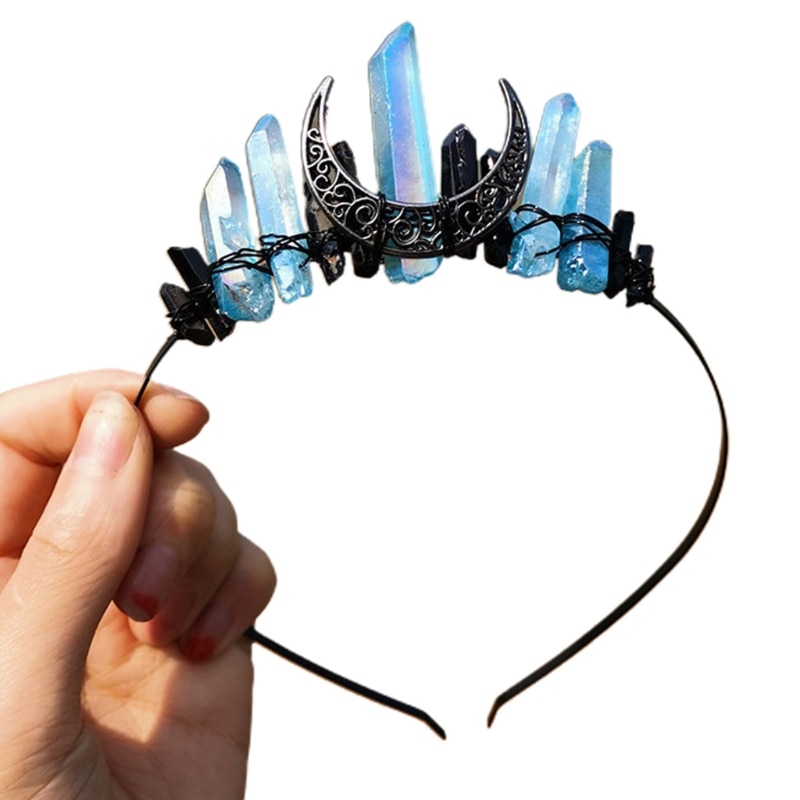 Handmade Faux Raw Crystal Headband Quartz Black Moon Bridal Alloy Tiara Crown Ladies Wedding Party Bridal Jewely Headdress