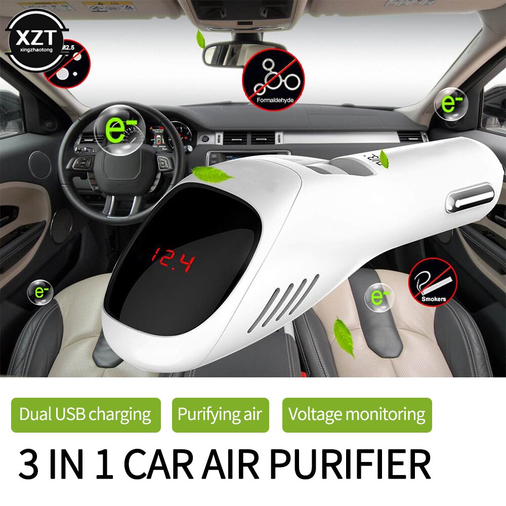 Purificateur d'air de voiture 12V 24V | Ions négatifs, nettoyeur d'air, ioniseur, désodorisant, Auto brume, double USB rapide, chargeur de voiture, affichage numérique HD
