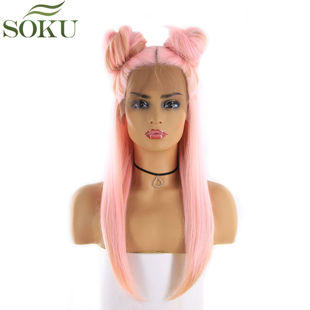 Pelucas frontales de encaje sintético de Color rosa SOKU para mujeres negras, peluca de parte media, pelucas de fibra de alta temperatura sin pegamento de 130% de densidad