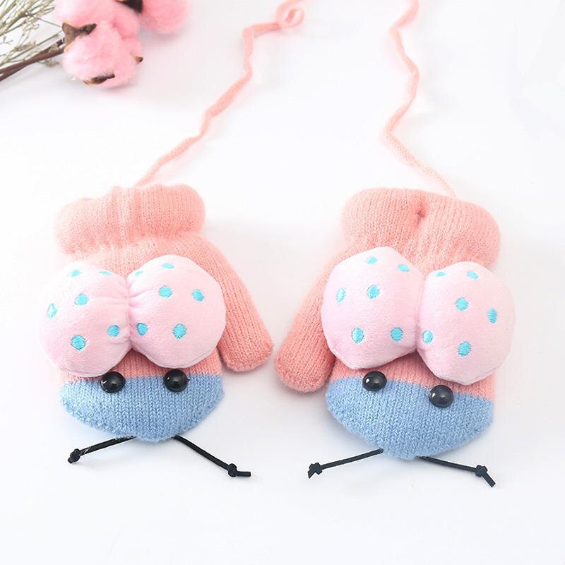 Wecute Forma Dos Desenhos Animados Joaninha Bonito Bebê Infantil Luvas de Inverno Crianças Luvas De Malha Saco Refere-se Ao Pescoço Pendurado Luvas Duplas para 3-6Y