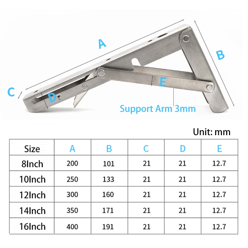 2Pcs 304 Stainless Steel 8 to 16 Inch Adjustable Folding Angle Shelf Bracket Support Table Wall Mounted Durable bear with Screw