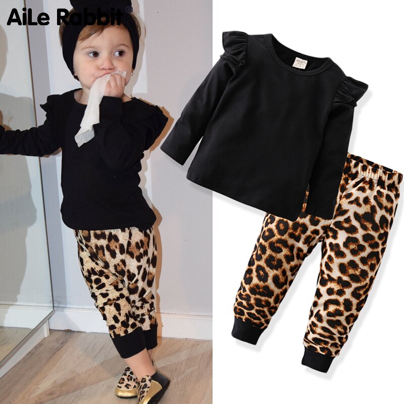 Herfst Meisjes Kleding Set Lange Mouw T-Shirt Luipaard Broek 2 Delige Set Mode INS Flying Mouwen Top Voor Baby kleding