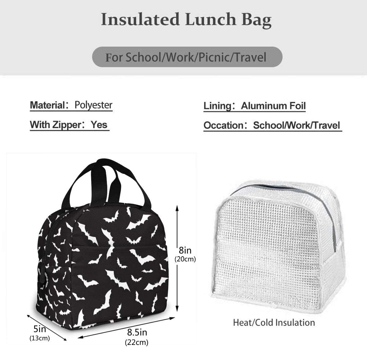 Halloween Bat Lunch Bag Insulated Lunch Box Cooler Tote for Picnic Camping Work Travel