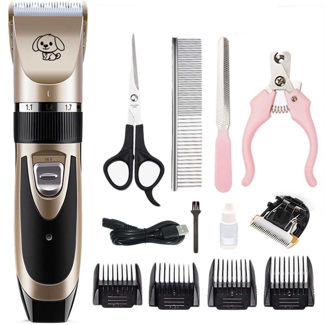 Rechargeable Pet Cat Dog Hair Trimmer Shaver Set Electric Dog Clipper Cat Low-noise Grooming Shaver Cut Machine Set+Spare Blade: Gold package 6