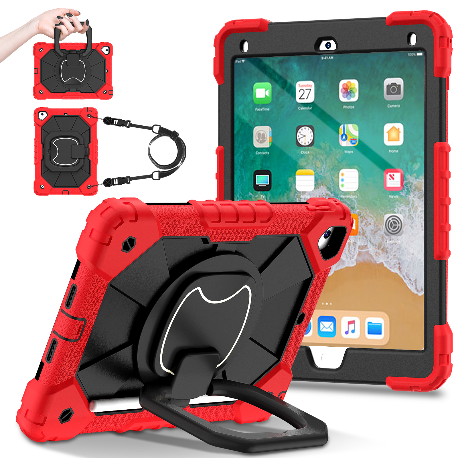 Roterande kraftigt fodral för ipad 5 6 7 air 1 2 pro 9.7 5th 6th gen stativskydd med handtag och axelrem: Tretton / Grå