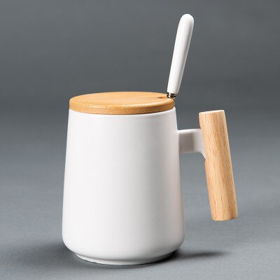 nordisk enkel hvit svart keramisk kaffekopp med trehåndtak 480ml vannkopp til forretningsmoderne moderne stilkrus: Med skje lokk 2