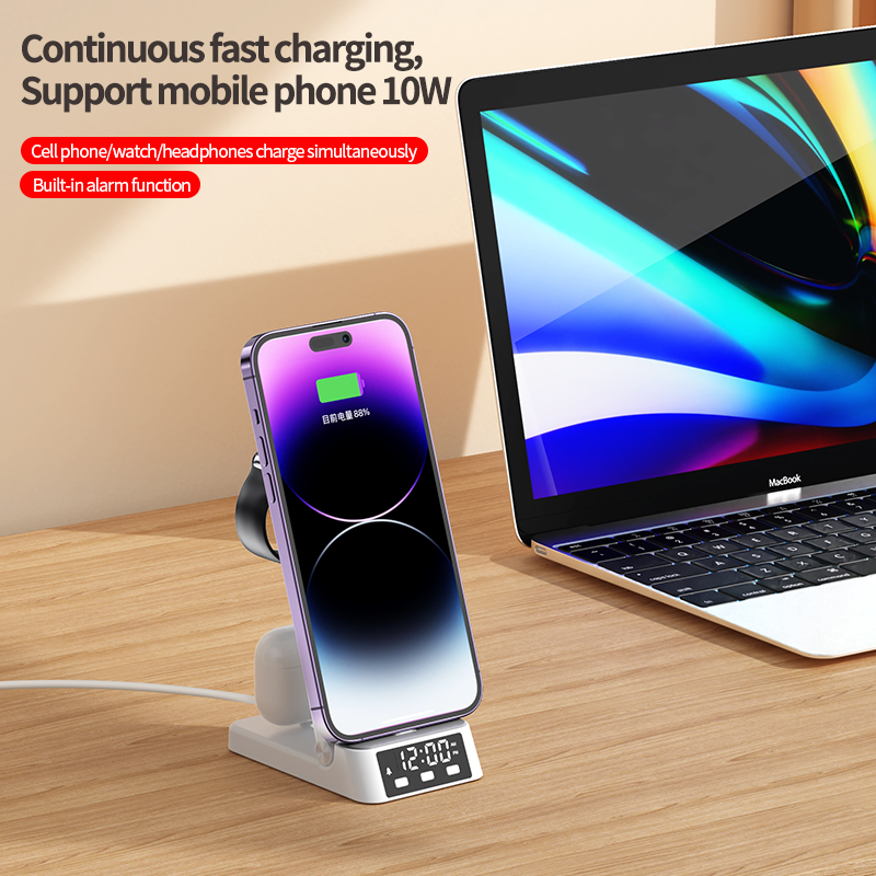 Support de chargeur sans fil pliable 4 en 1, horloge, alarme, pour iPhone 14 13 12 11, Samsung Galaxy Apple Watch 8/7/6, Station de charge rapide