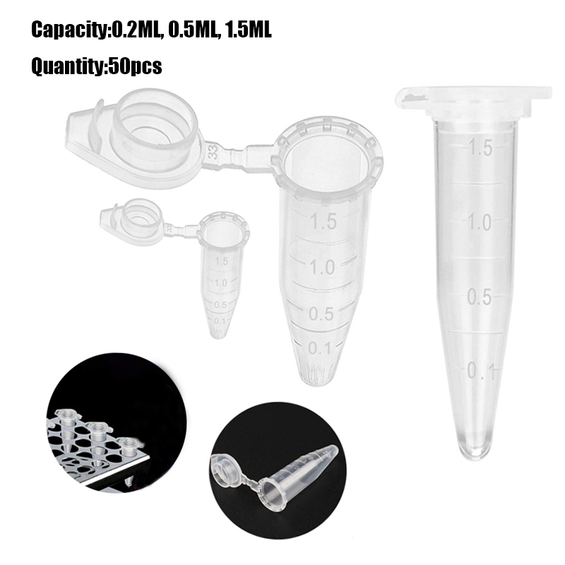 Micro tube à essai 0.2-1.5 ml, 50 tubes à essai, récipient en plastique transparent, accessoires de test scientifique de laboratoire