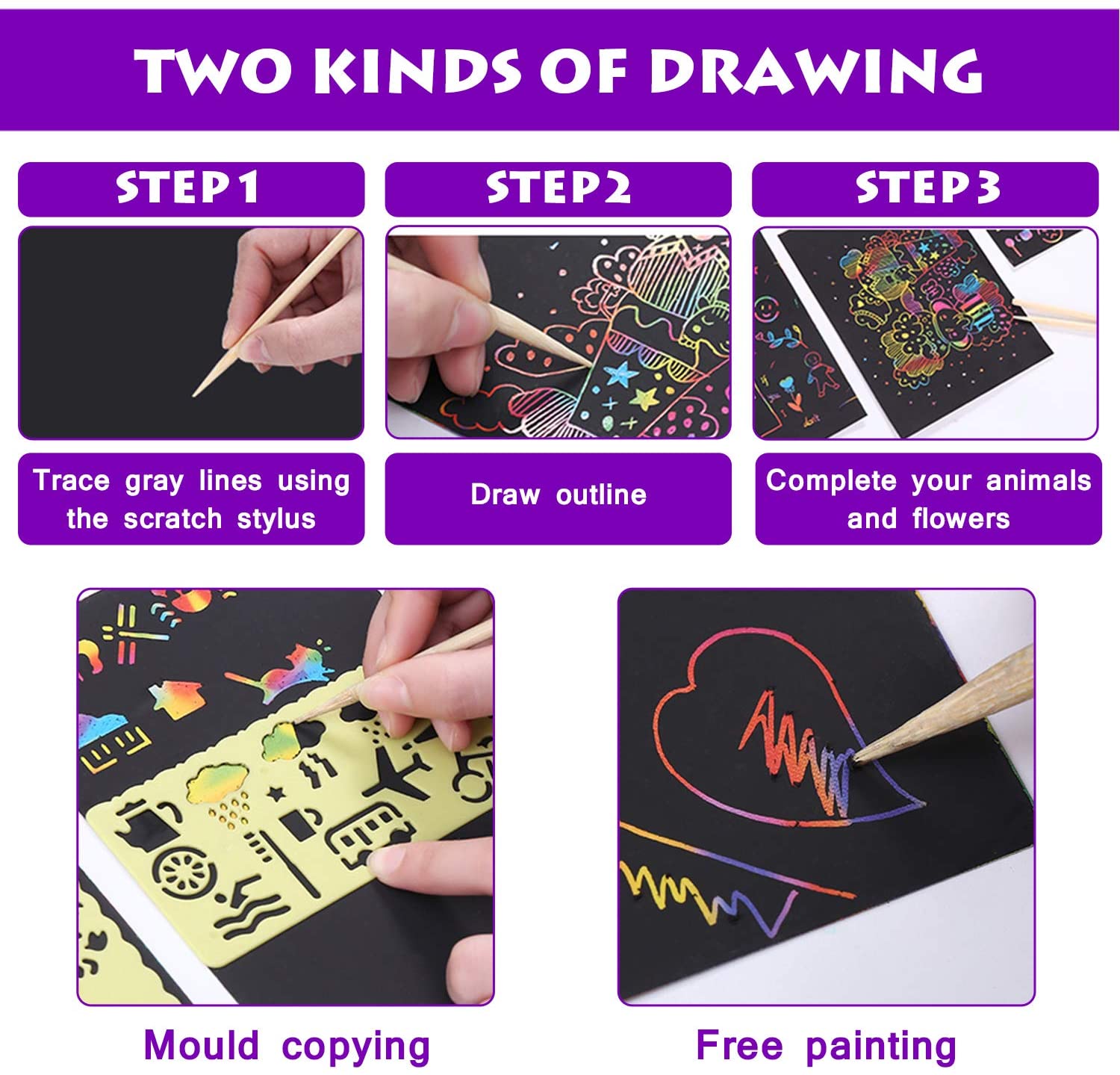 50 Pcs Rainbow Magic Scratch Papier Kit Voor Kids Black Krabben Off Art Ambachten Notities Met 5 Houten Stylus en 4 Stencils Diy