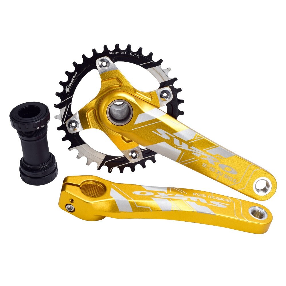Fiets crankstel 170mm 104 bcd mtb fiets crank smal breed kettingblad 32/34/36/38t met trapas fiets crank tandwiel onderdelen: 38t gouden sets