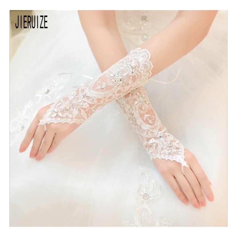JIERUIZE-guantes de novia sin dedos, guante corto con Apliques de encaje transparente para boda, cristal con cinta, accesorios nupciales