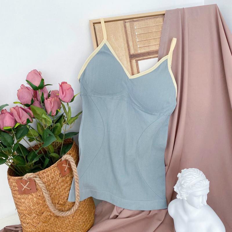 Chrleisure Lange Effen Kleur Vest Een Stuk Geweven Gestreepte Comfort Hemdje Draadloze Gewatteerde Push Up Tanktop