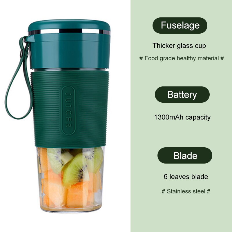 Handheld Blender Portable Mini Mixer Rechargeable USB Electric Juicer Lemon Orange Squeezer Fresh Juice Cup: green 6 blade