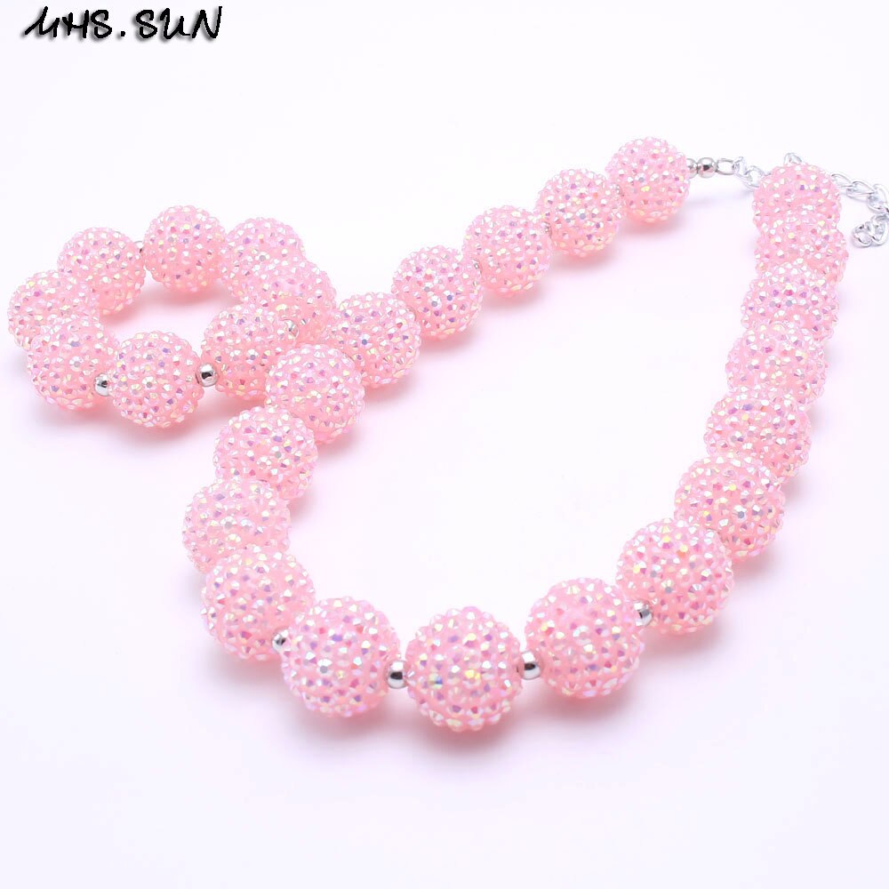 MSH.SUN Pink Color Princess Kids Necklace Bracelet Headbands Set Bubblegum Beads Chunky Necklace Jewelry Set For Child Girl