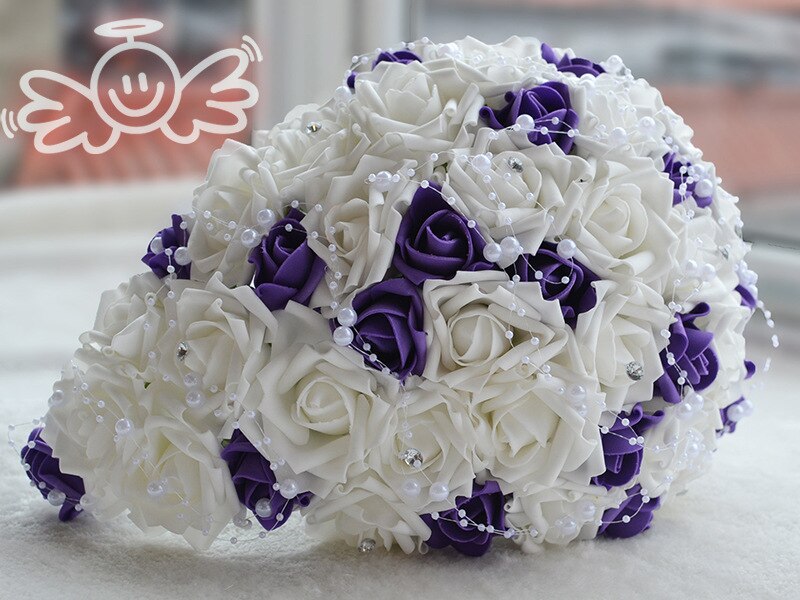 JaneVini Wasserfall Lila Brautstrauß mit Perlen Weiß Schaum Rosen Künstliche Blumen Hochzeit Blumensträuße Strauß De Mariage