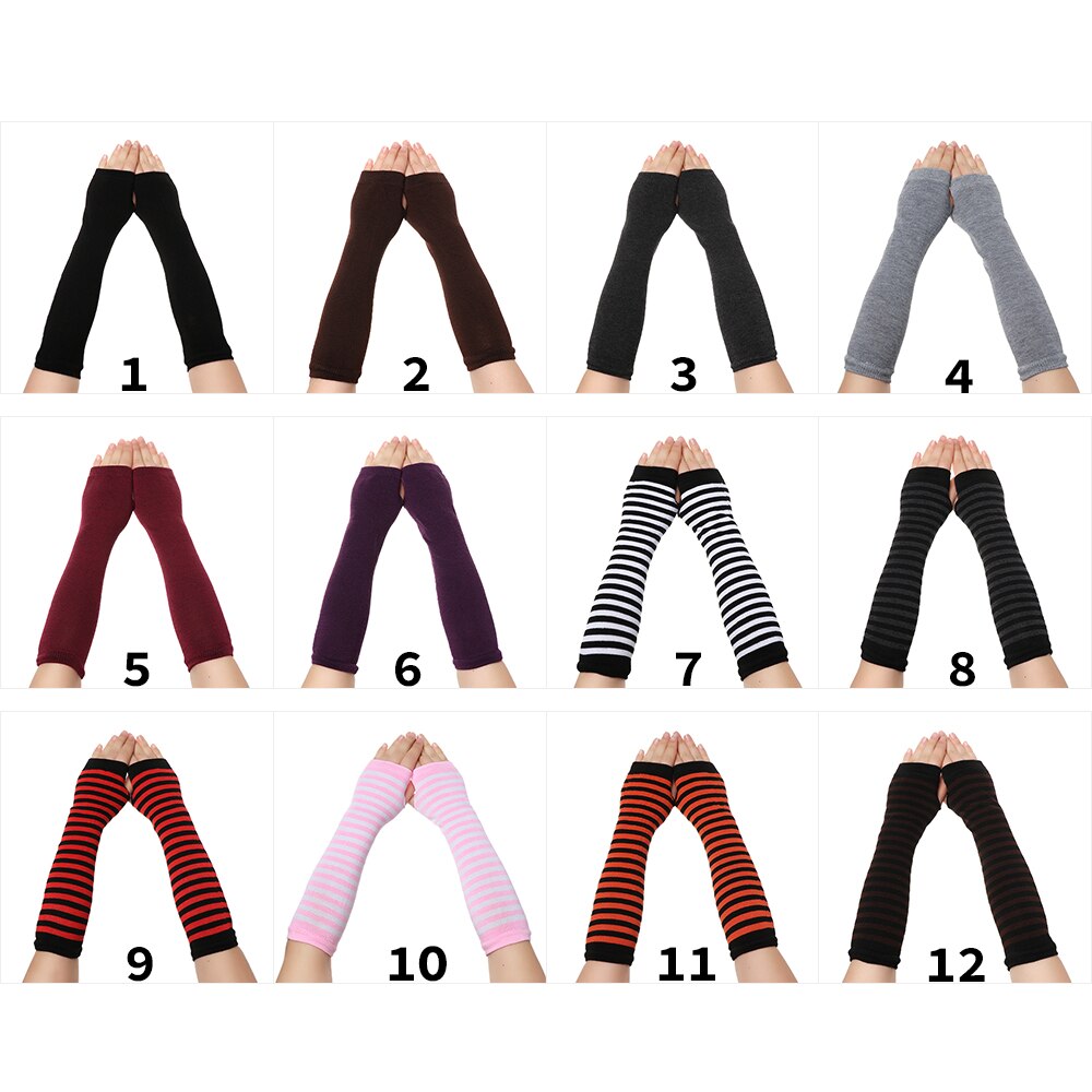 1Pair Girls Wristband Arm Cover Long Sleeve Women Cotton Classic Fingerless Long Glove Soft Striped Elbow Mitten Knitted Gloves