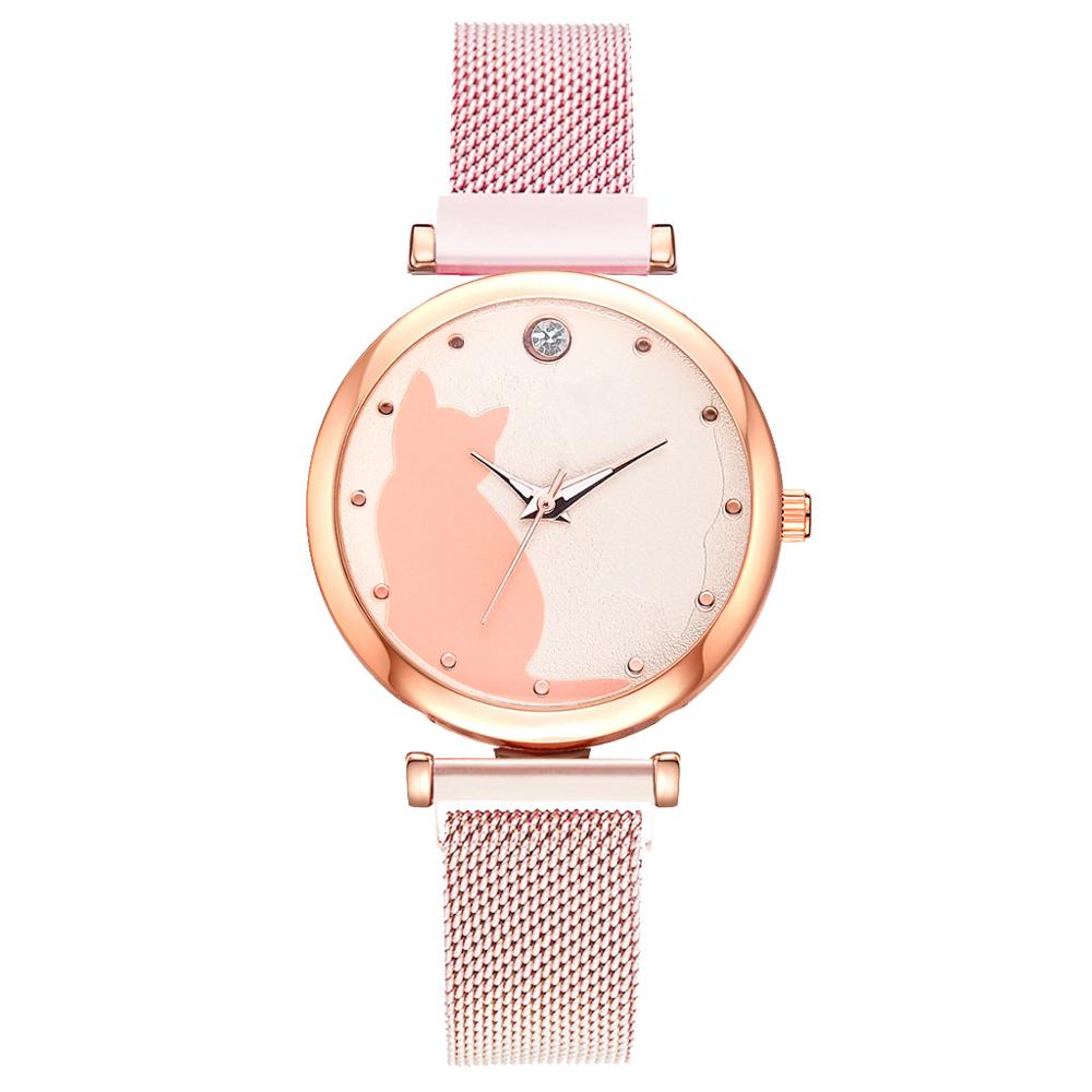 5 st/set dam klockor roséguld armband set kattmönster svart magnet klocka dam armband armbandsur lyx kvarts klocka: 1pc rosa klocka