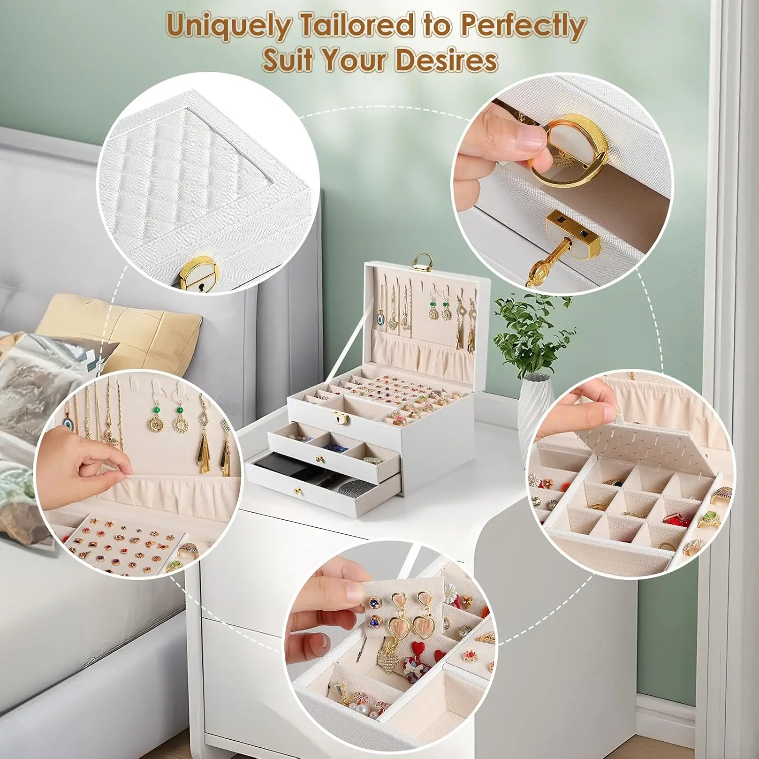 3-layer Jewelry Box with Drawer Lockable Jewelry Rack Storage, Large Jewelry Box Storage with Velvet Earring Storage,