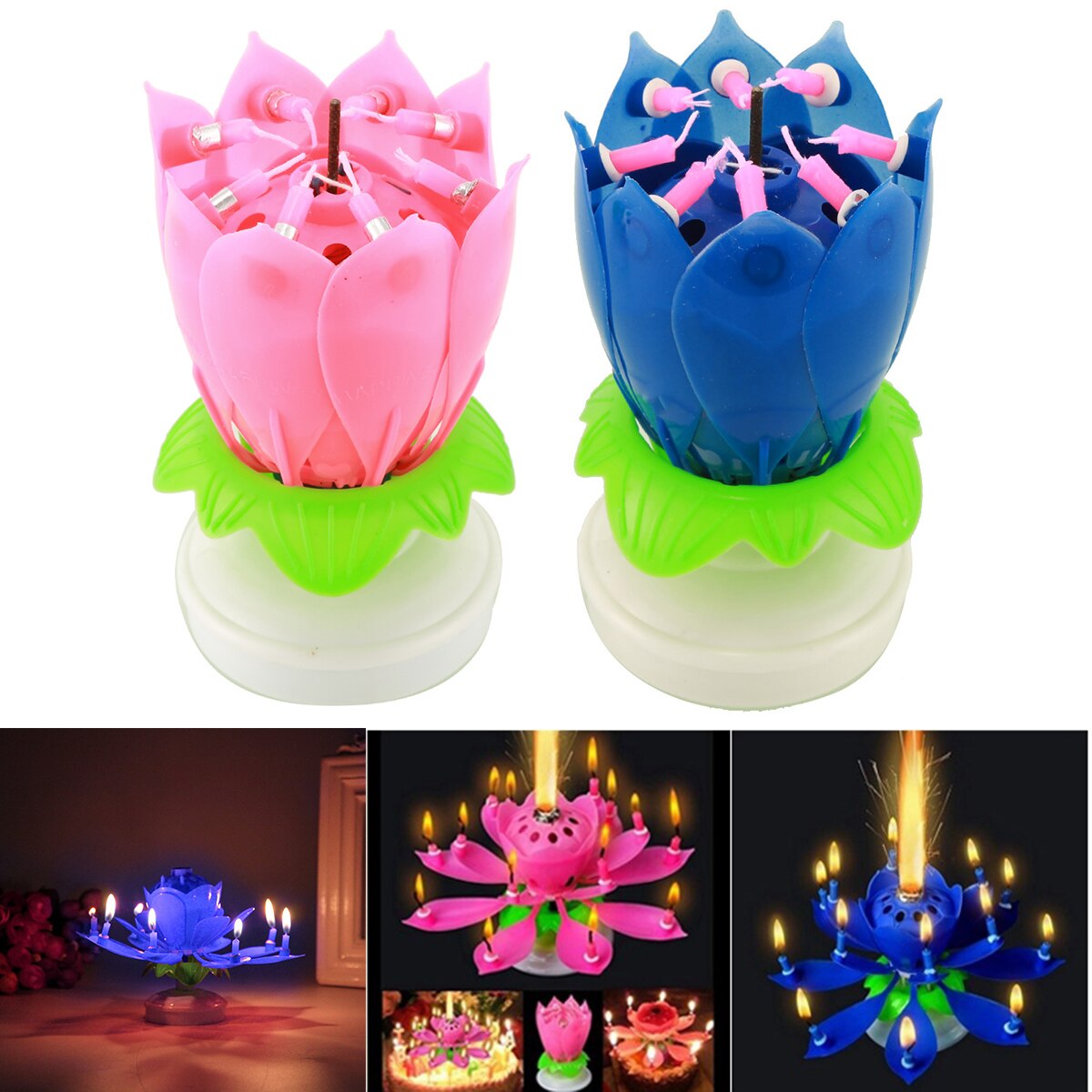Innovative Cake Topper Musical Blooming Lotus Flower Double-deck Rotating Happy Birthday Candle Light Party DIY Cake Decoration
