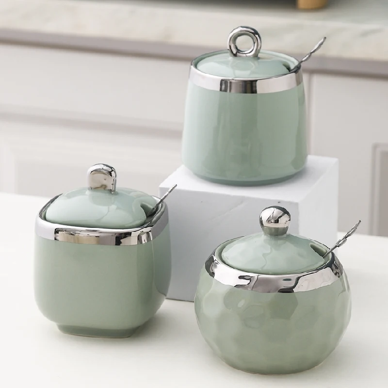 Ceramic Seasoning Jar with Spoon Kitchen Seasoning Storage Box Salt and Pepper Jar Household Storage Jar Ceramic Box Bottle