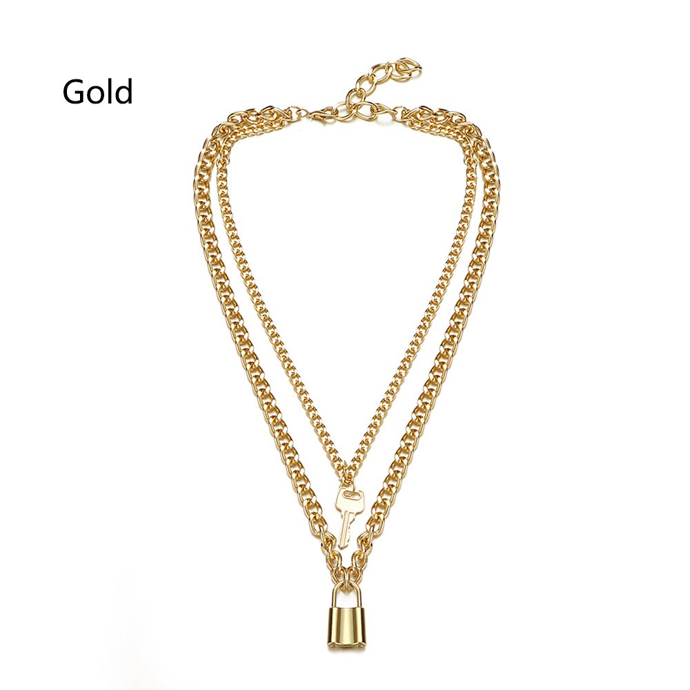 1Pcs Punk Jewelry Gold Silver Color PadLock Pendant Necklace Stainless Steel Rolo Cable Chain Necklace: 2-Gold