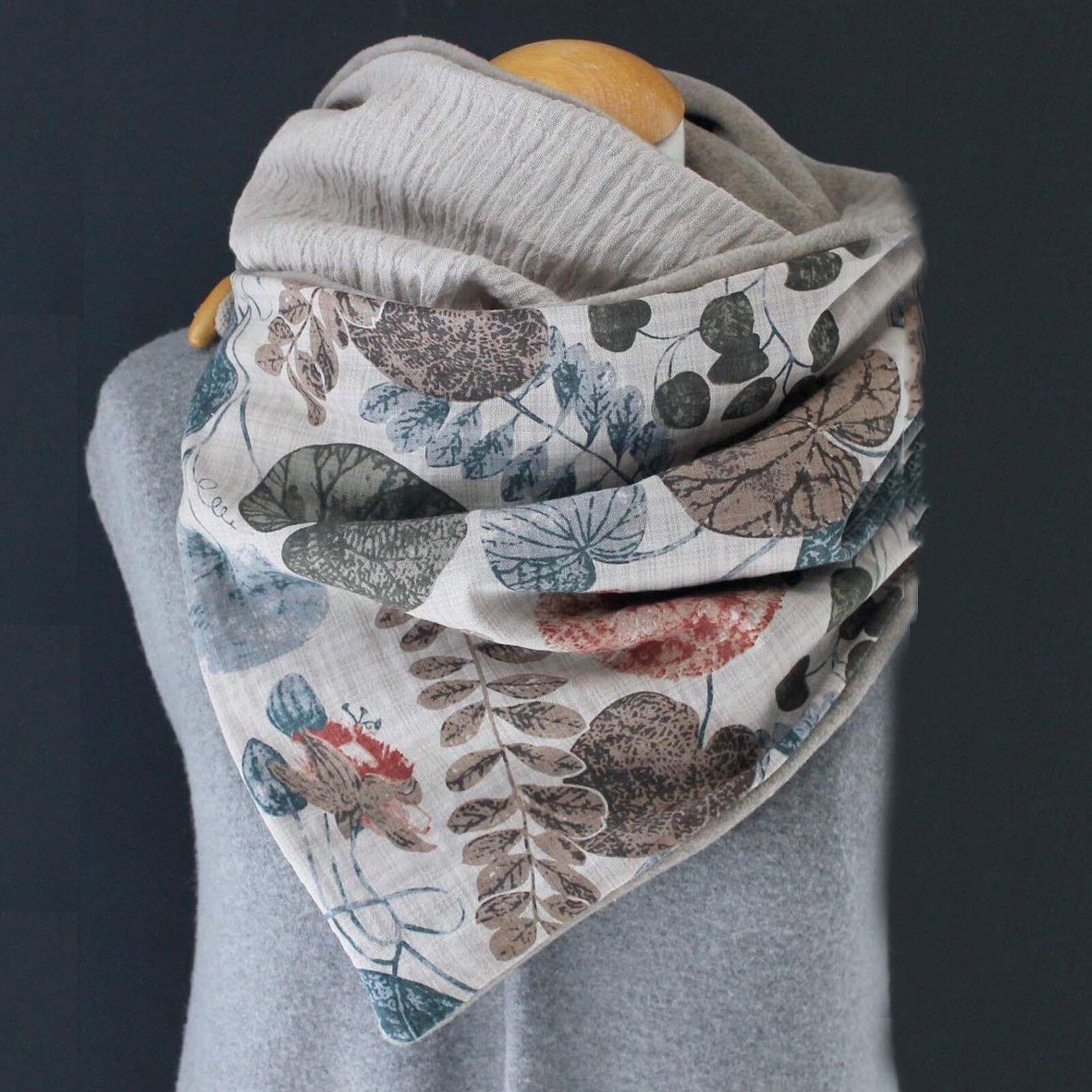 * Vrouwen Winter Warm Print Sjaals Vintage Afdrukken Bladeren Knop Wrap Casual Warme Sjaal Poncho Hoofd Warmer Mond Cover