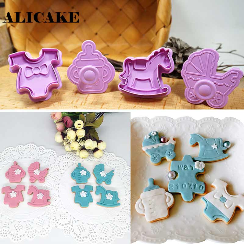 4 stuks/set baby koekjesvormpjes, voedingsflesjes, kinderwagenkleren, trojan koekjes, uitstekers, taartdecoratiegereedschap, fondant uitsteker