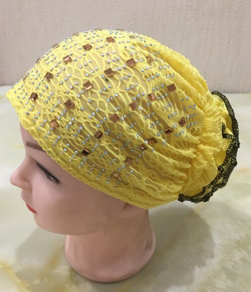 H021 chapeaux musulmans de avec strass, écharpe islamique avec fleur au dos, hijab: yellow