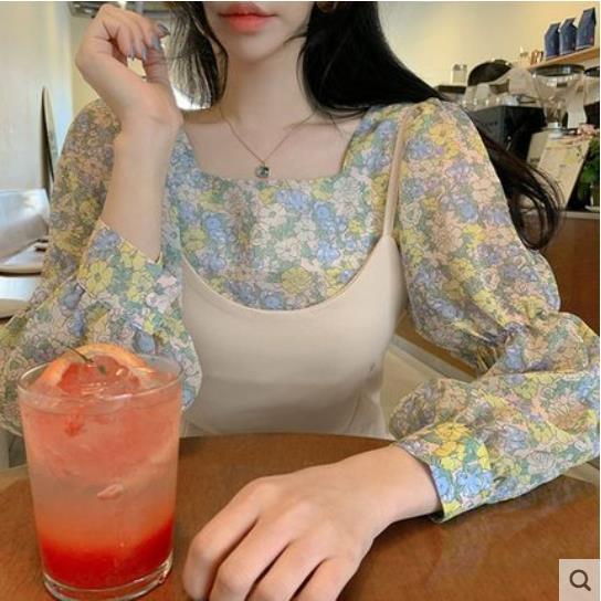 Bluzki damskie kwadratowy kołnierzyk elegancka, długa rękaw szyfonowa przetargu kwiatowy stylowy koreański styl Feminino koszule modne popularne: blue / L