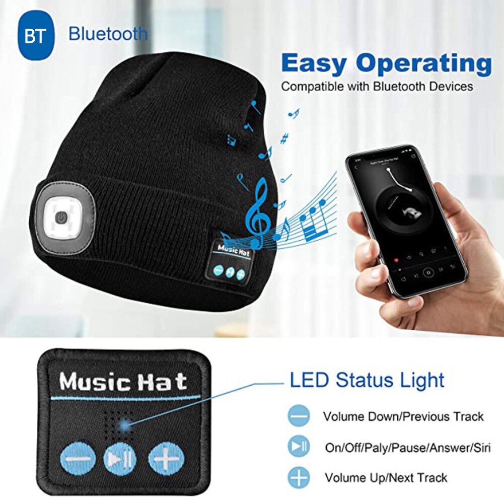 sombrero Bluetooth 5,0 LED sombrero inalámbrico estéreo auriculares para reproductor de música con manos libres compatible con atenuación recargable