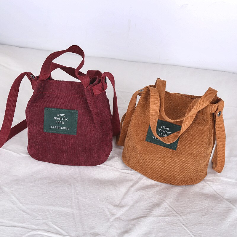 Vintage Canvas Handtassen Corduroy Literaire En Artistieke Vrouwen Schoudertas Eenvoudige Effen Kleur Gesp Handtas Emmer Doek Bag