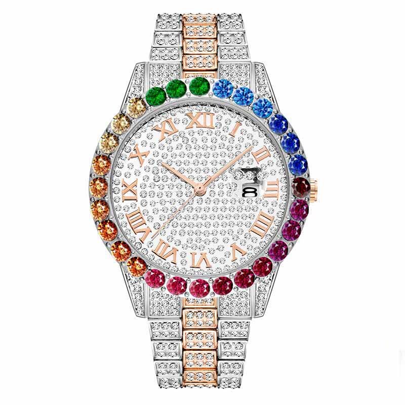 Reloj de oro arcoíris diamante para hombre, de lujo, oro de 18K, hecho a mano, de cuarzo y cristal de hielo: E1