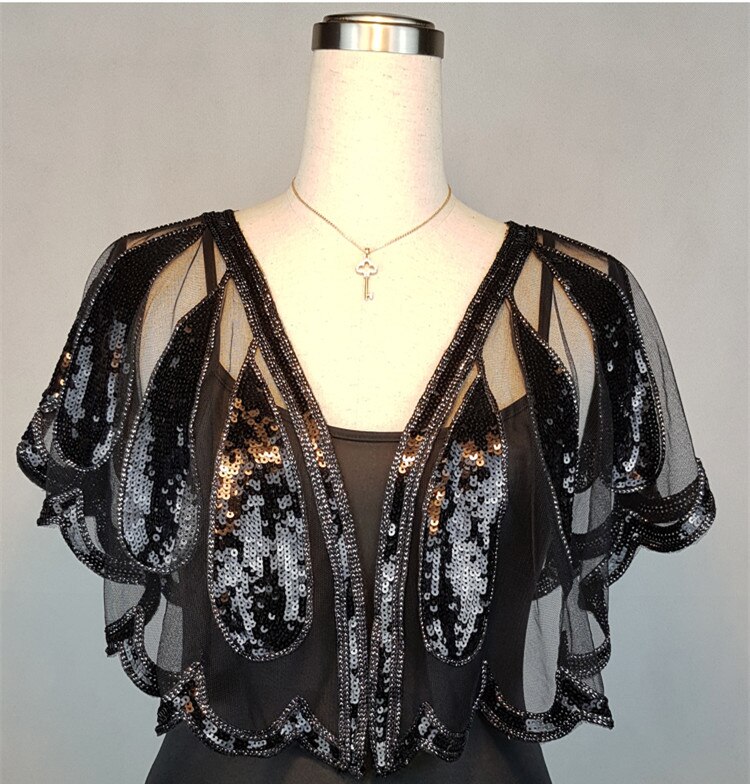JaneVini Shiny Kralen Bruiloft Capes Schouderophalen Luxe Goud Zilver Pailletten Vrouwen Bolero Bridal Wrap Bruid Bolero Novia Cape Mariage: Black 2