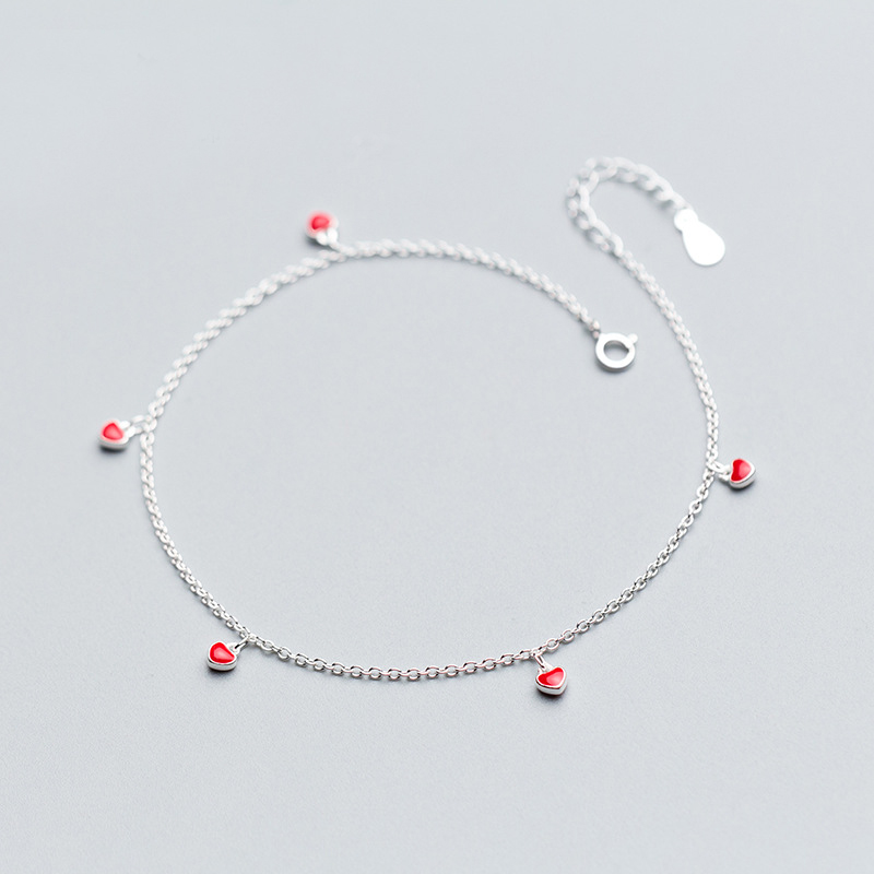 MloveAcc 100% 925 véritable argent Sterling femmes bijoux 5 rouge doux coeurs bracelets de cheville pour filles dame