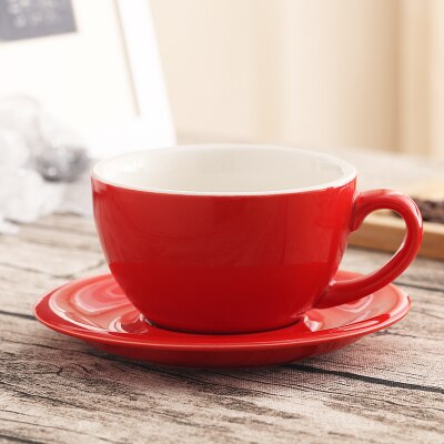 Taza de café artística Latte de boca ancha Macaron de 300ml con platillo, juego de tazas de café de cerámica esmaltada de colores gruesos europeos,: 04